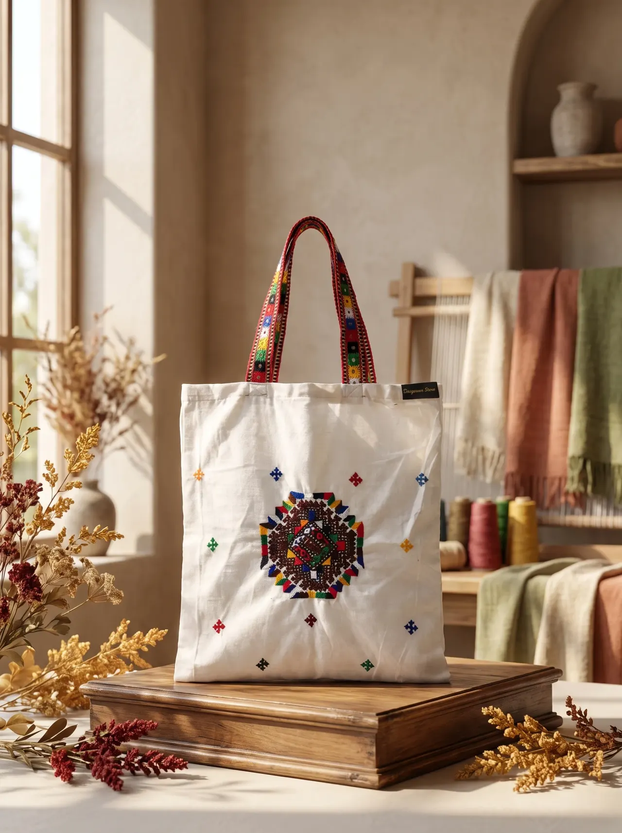 A white canvas tote bag with red striped handles and a large brown cross-stitch medallion motif